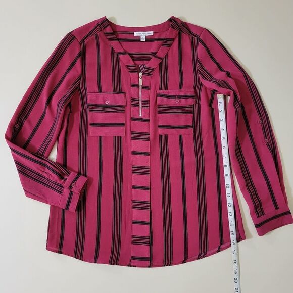 Notations Women's Red with Black Stripe Zip Front Long Sleeve Blouse - Picture 6 of 13